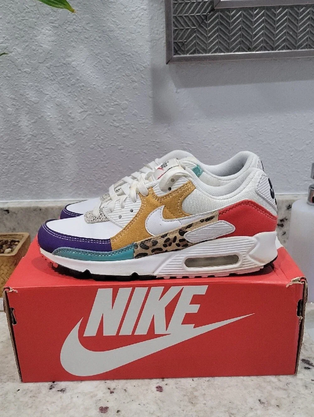 Nike White Red Mustard Teal Purple Leopard Accent Sneaker